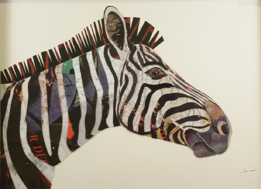 ALEX ZENG "ZEBRA" ART COLLAGE: ALEX ZENG "ZEBRA" ART COLLAGE. Height: 24 1/2 in. by Width: 32 1/2 in.