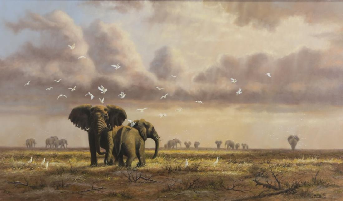 BO NEWELL "ELEPHANTS WITH INGRETS IN AMBOSELI": BO NEWELL "ELEPHANTS WITH INGRETS IN AMBOSELI" ACRYLIC ON CANVAS. Height: 39 & 47 1/2 in. by Width: 59 & 27 in.
