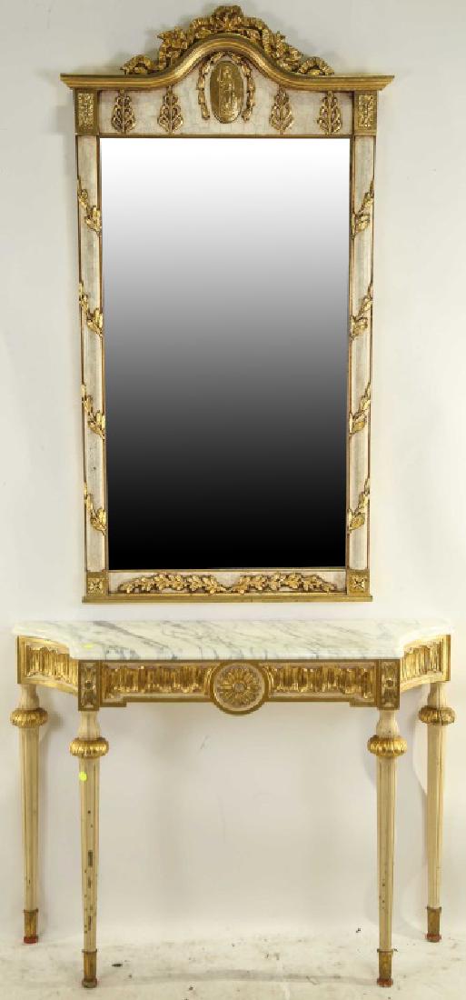 FRENCH CONSOLE & MIRROR: FRENCH CONSOLE & MIRROR. MARBLE TOP TABLE MEASURES (29X40X11). Height: 51 in. by Width: 28 in. by Depth: 2 in.