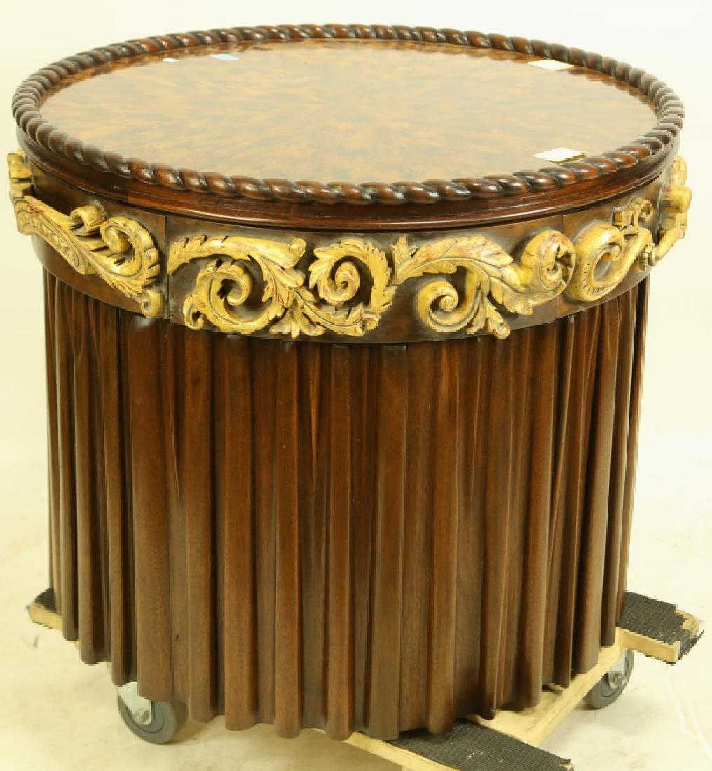 PAIR OF CUSTOM MADE ROUND SIDE TABLES: PAIR OF CUSTOM MADE ROUND SIDE TABLES WITH CARVED SKIRTED BASE THAT HIDES CABINET DOOR, TOP THAT ROTATES AND TWO DRAWERS. Height: 32 in. by Width: 27 in. by Depth: 27