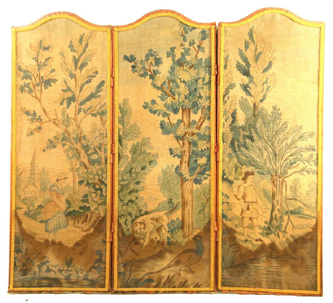 19th CENTURY THREE PANEL PAINTED CARTOON: 19th CENTURY THREE PANEL PAINTED CARTOON. Height: 49 in. by Width: 55 in. by Depth: 1 1/2 in.