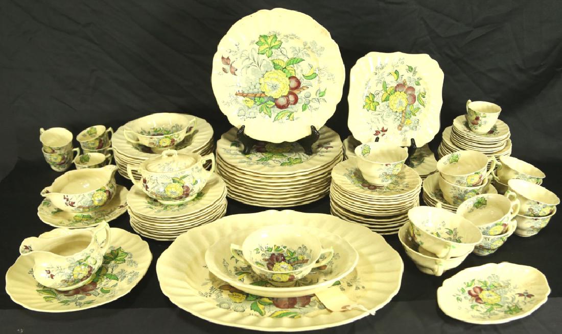 108 ROYAL DOULTON THE KIRKWOOD DINNERWARE SET: 108 PIECE ROYAL DOULTON THE KIRKWOOD DINNERWARE SET. Three dinner plates have nicks on rim edge, sauce server has hairline crack. Height: 4 in. by Width: 6 1/2 in. by Depth: 4 in.