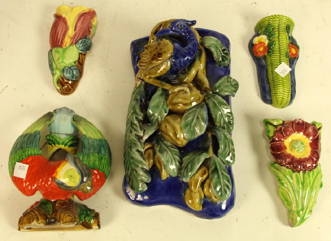 FIVE PIECE VINTAGE MAJOLICA WALL POCKETS: FIVE PIECE VINTAGE MAJOLICA WALL POCKETS. Height: 10 in. by Width: 6 in. by Depth: 4 in.