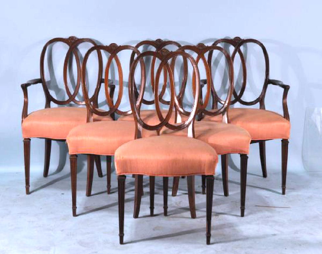 LOT OF SIX HEPPLEWHITE STYLE CHAIRS: LOT OF SIX HEPPLEWHITE STYLE CHAIRS. 2 ARMCHAIRS & 4 SIDE CHAIRS. Height: 37 in. by Width: 20 in. by Depth: 19 in