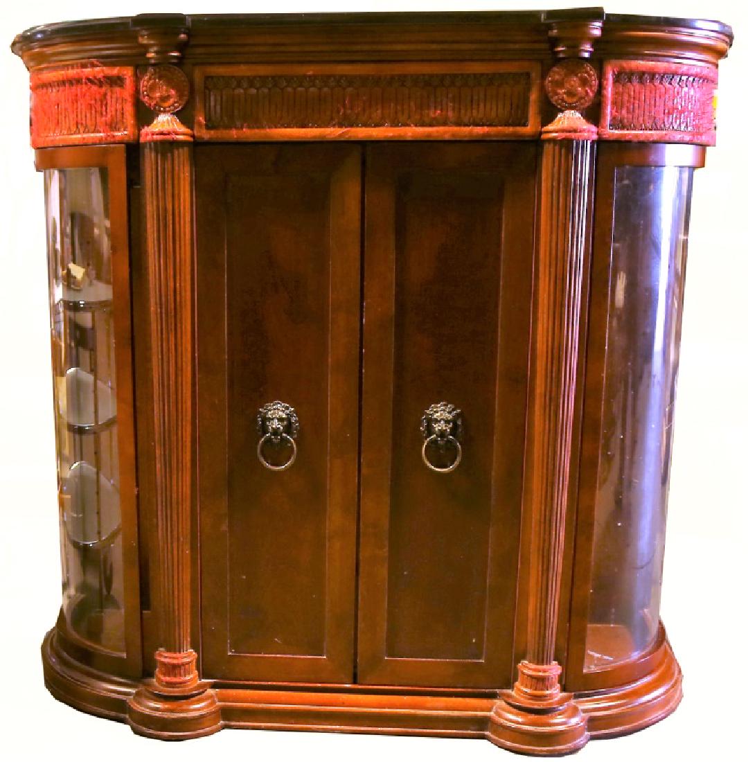 MARBLE TOP CREDENZA WOOD BAR BLACK SLATE TOP: MARBLE TOP CREDENZA WITH TWO DOORS AND TWO SIDE DISPLAY COMPARTMENTS. Height: 36 in. by Width: 38 in. by Depth: 13 in.