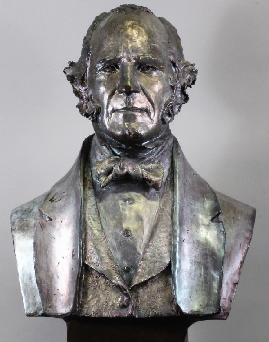 DAVID ADICKES SAM HOUSTON BRONZE BUST: SAM HOUSTON BRONZE BUST BY DAVID ADICKES, AND IS SIGNED IN THE BACK. THIS IS A 1 OF 1 BRONZE BUST USED AS THE MODEL FOR ARTIST'S ICONIC SAM HOUSTON SCULPTURAL MASTERPIECE TOWERING OVER THE SAM HOUSTON