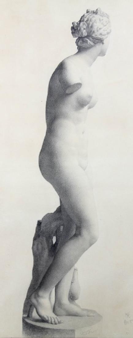 CHARCOAL DRAWING OF FEMALE NUDE SCULPTURE, 1888: CHARCOAL DRAWING OF FEMALE NUDE SCULPTURE, CIRCA 1888. FROM THE ESTATE OF THE LATE ARTHUR TALK. Height: 41 & 33 in. by Width: 32 & 16 in.