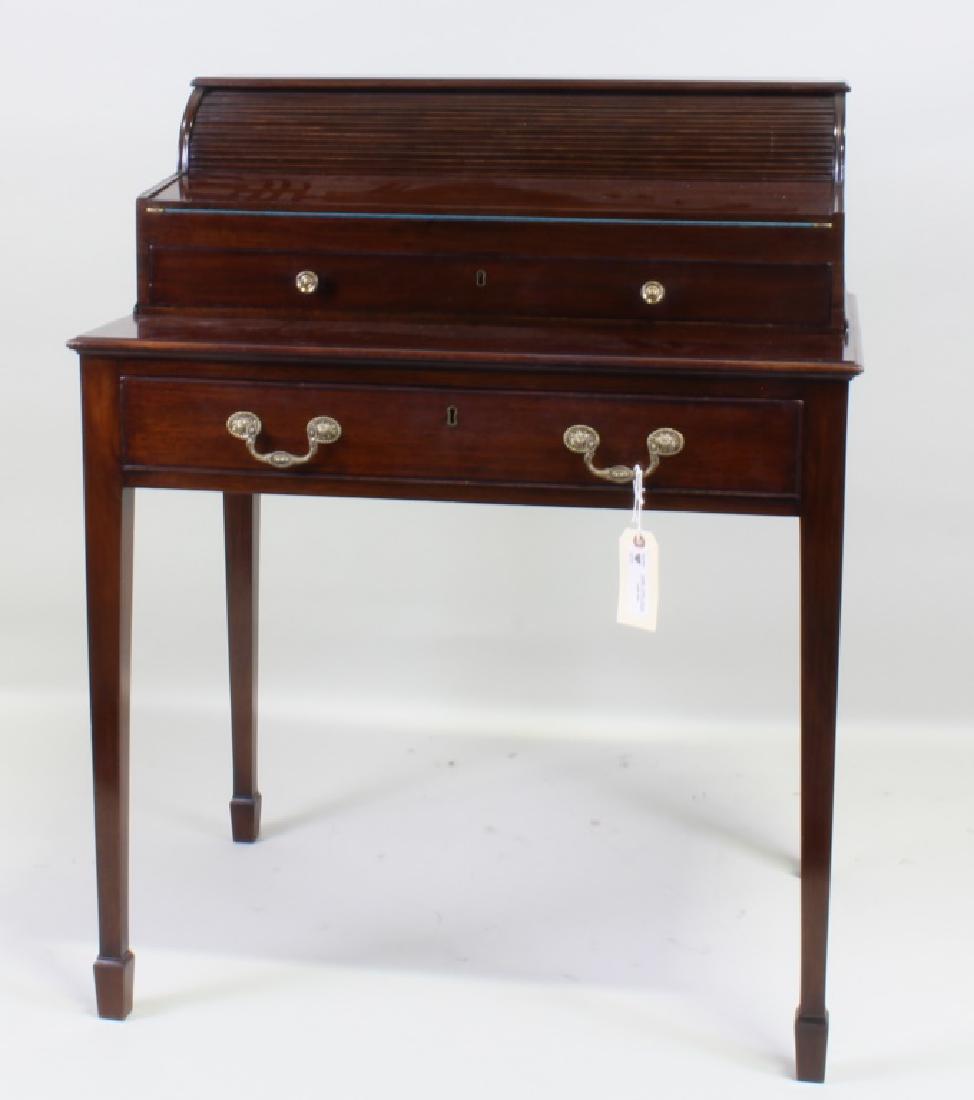 CIRCA 1740's GEORGE III GENTLEMEN'S MAHOGANY DESK: CIRCA 1740's GEORGE III GENTLEMEN'S MAHOGANY DESK WITH ROLL TOP DROP FRONT WRITING SURFACE ON SPADE FEET. Height: 39 in. by Width: 31 in. by Depth: 22 in.