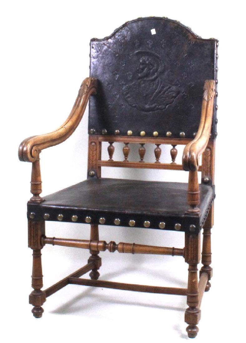 19th CENT. SPANISH ARMCHAIR WITH LEATHER SEAT AND BACK (1 of 3)