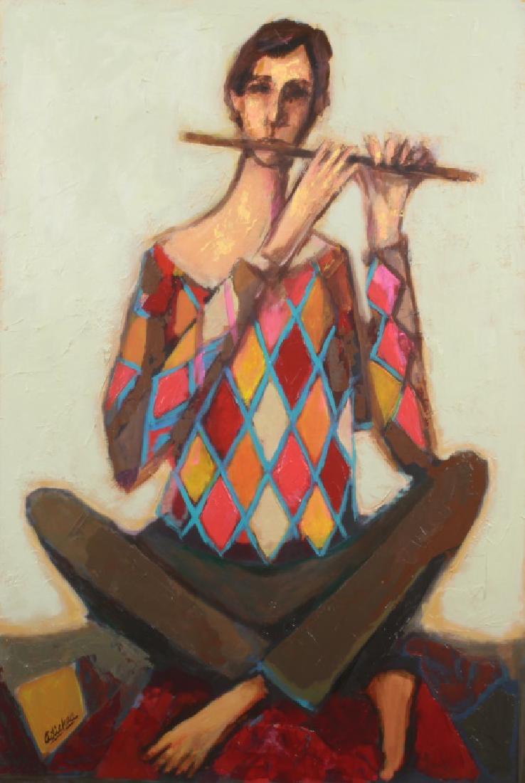 DAVID ADICKES "HARLEQUIN FLAUTIST" ENHANCED GICLEE: DAVID ADICKES "HARLEQUIN FLAUTIST" ENHANCED GICLEE. Height: 44 & 42 in. by Width: 32 & 30 in. by Depth: 2 in.