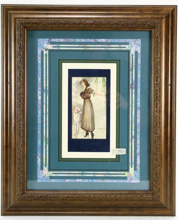 TITO CORBELLA (1885-1966) POSTCARD, GILT FRAMED: TITO CORBELLA (1885-1966) POSTCARD, GILT FRAMED AND MATTED. Height: 18 3/4 & 5 in. by Width: 15 & 3 in.