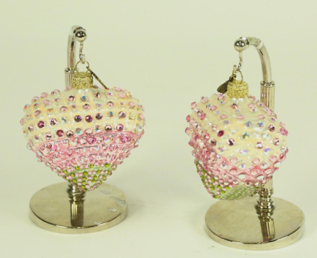 PAIR OF JAY STRONGWATER HEART SHAPED ORNAMENTS: PAIR OF JAY STRONGWATER HEART SHAPED ORNAMENTS. Height: 5 in. by Width: 3 in. by Depth: 4 in.