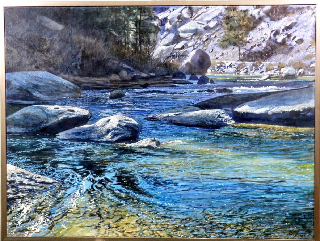 TIM SASKA LANDSCAPE ACRYLIC ON CANVAS: TIM SASKA LANDSCAPE ACRYLIC ON CANVAS. Height: 37 & 35 in. by Width: 49 & 47 in. by Depth: 1 1/2 in.