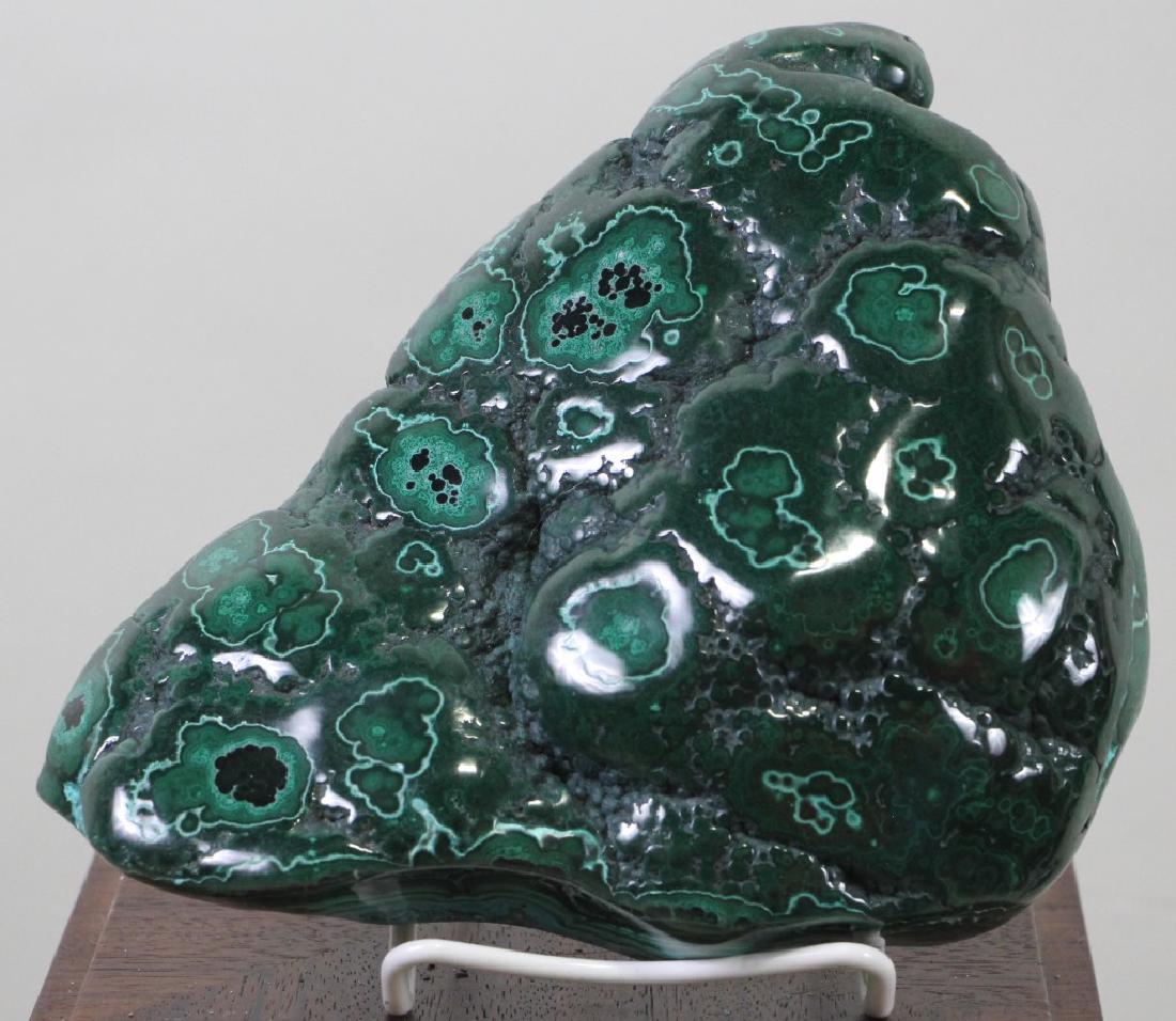 POLISHED MALACHITE SPECIMEN: POLISHED MALACHITE SPECIMEN. Height: 7 1/2 in. by Width: 8 1/2 in. by Depth: 3 in.