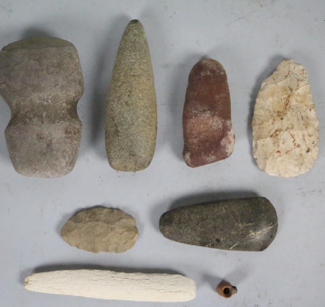 MIXED LOT OF 8 PRE-HISTORIC NATIVE AMERICAN PIECES: MIXED LOT OF EIGHT PRE-HISTORIC NATIVE AMERICAN PIECES. BOX LOT INCLUDES CELT, AX HEADS & CHOPPING STONES. Height: 6 in. by Width: 4 in. by Depth: 2 in.