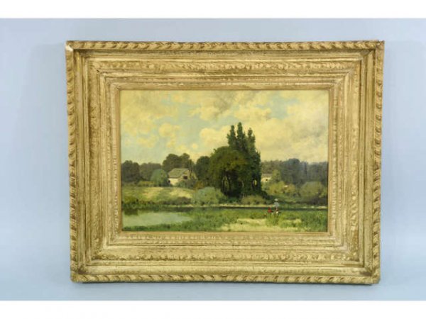 Oil on board of children playing by a river in a
