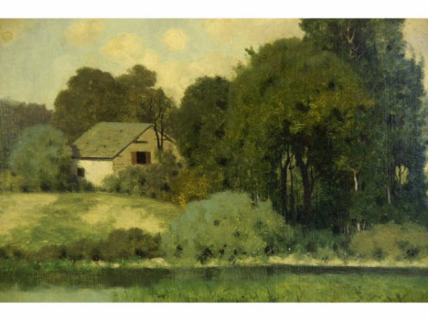 Oil on board of children playing by a river in a - 2