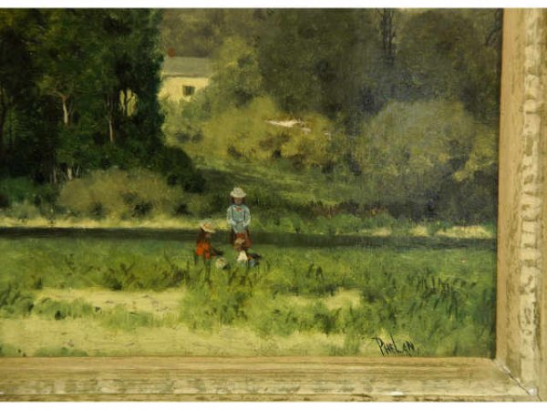 Oil on board of children playing by a river in a - 3