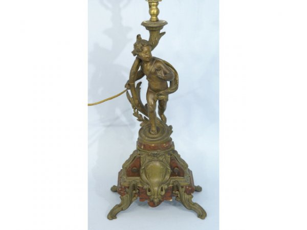 Pair of spelter lamps over red marble vases. - 5