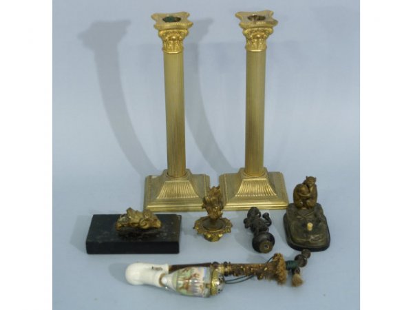 Mixed lot including two gilt candle sticks with C