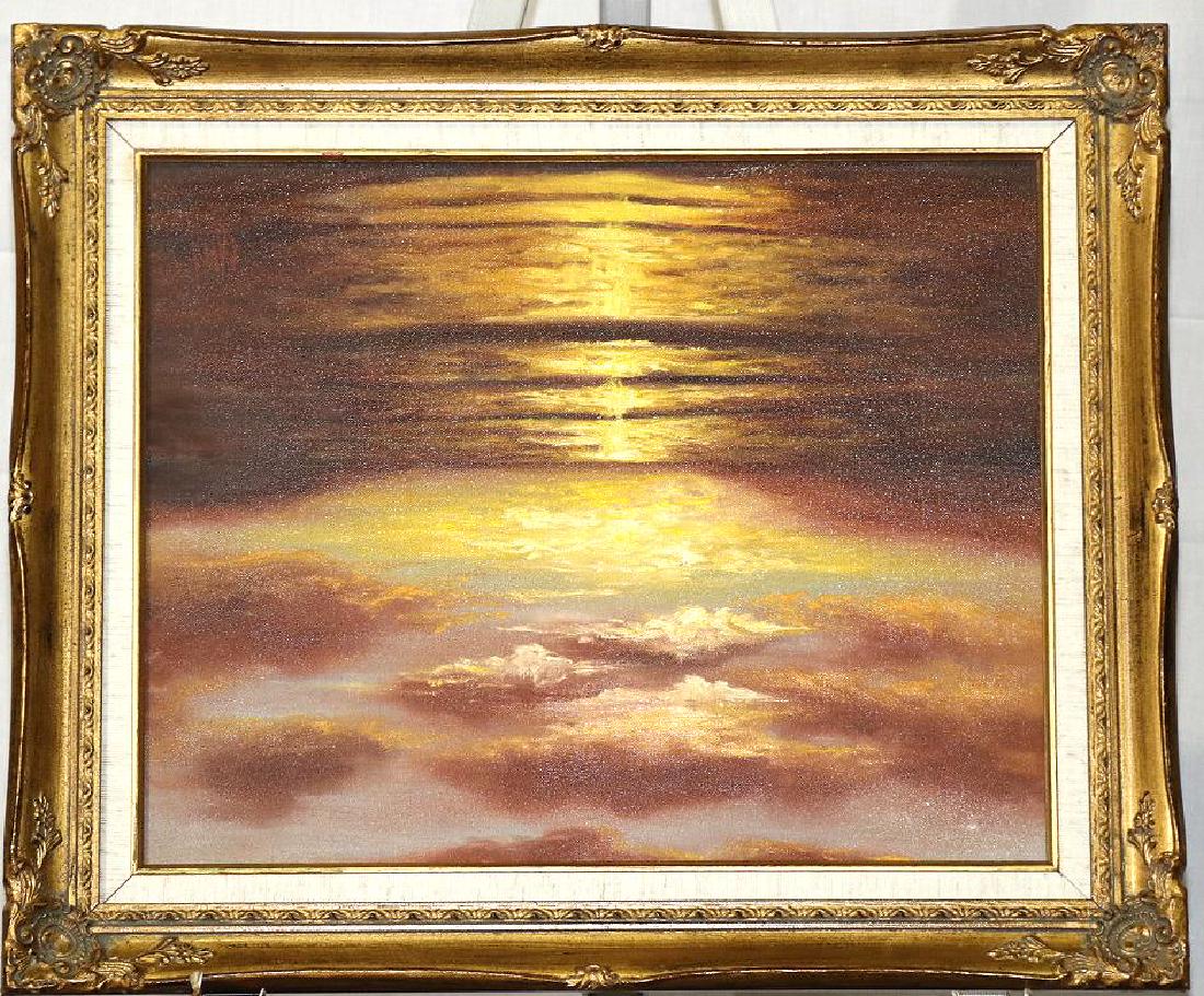 SUNSET SCENE OIL ON CANVAS PAINTING: SUNSET SCENE OIL ON CANVAS PAINTING. Height: 25 in. by Width: 22 in.