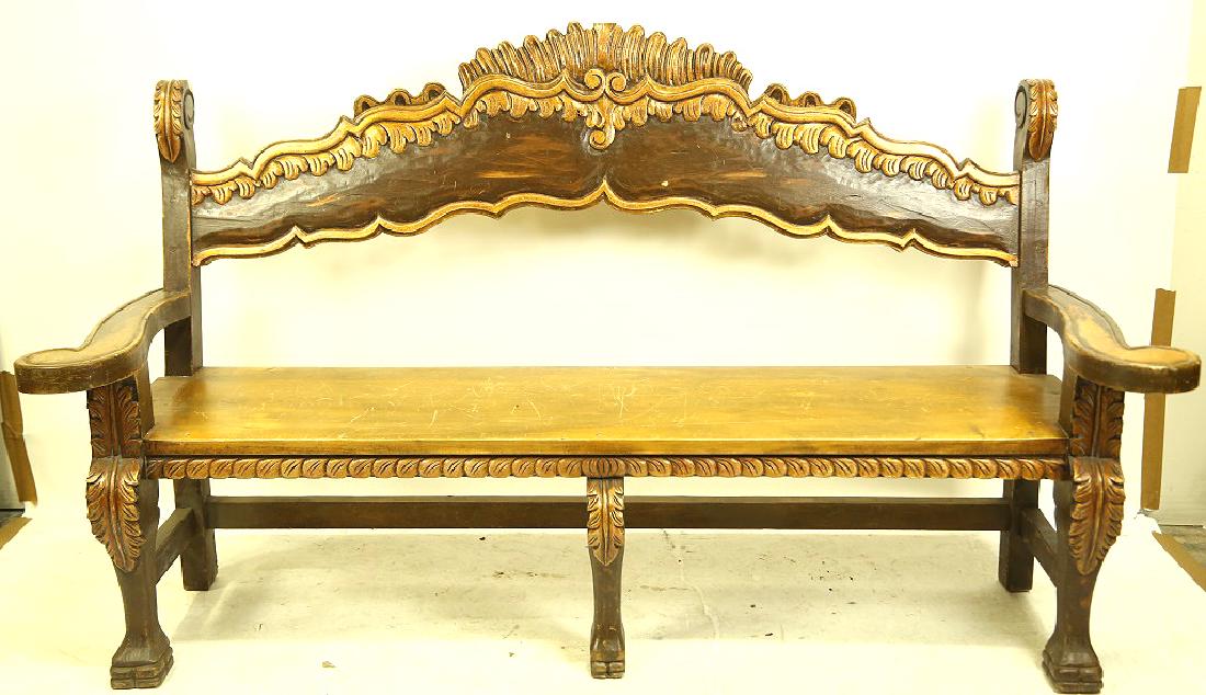 SPANISH COLONIAL WOOD CARVED SETTEE: SPANISH COLONIAL WOOD CARVED SETTEE. Height: 48 in. by Width: 80 in. by Depth: 27 in.
