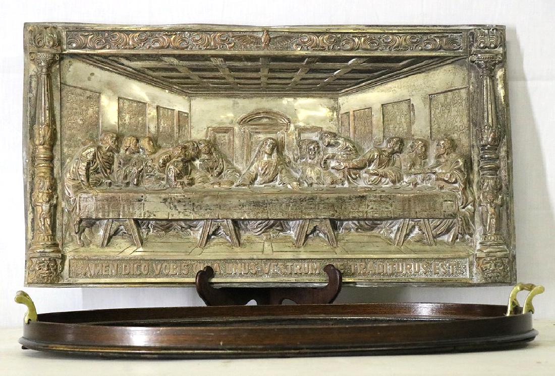 VINTAGE SILVER "LAST SUPPER" REPOSSE WALL PLAQUE: VINTAGE SILVER METAL"LAST SUPPER" REPOSSE WALL PLAQUE AND TRAY. Height: 14 in. by Width: 25 in.
