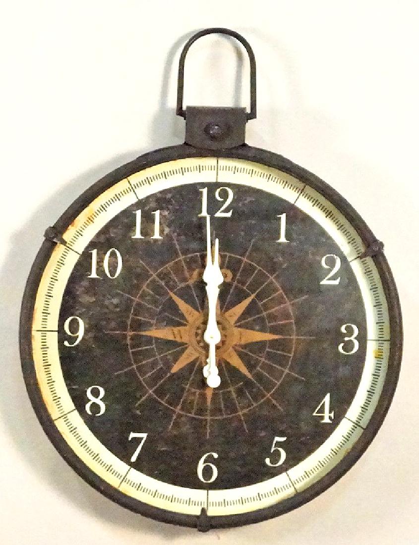 DECORATIVE ANTIQUED METAL WALL CLOCK: DECORATIVE ANTIQUED METAL WALL CLOCK. Height: 40 in. by Width: 31 in. by Depth: 4 in.