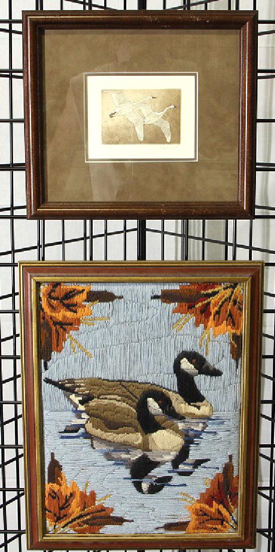 TWO PCS - 2 GEESE PRINT & 2 SWANS KNIT: TWO PCS - 2 HERB BOOTS GEESE PRINT 51/90 & 2 SWANS KNITTING Height: 13 & 20 in. by Width: 15 & 15