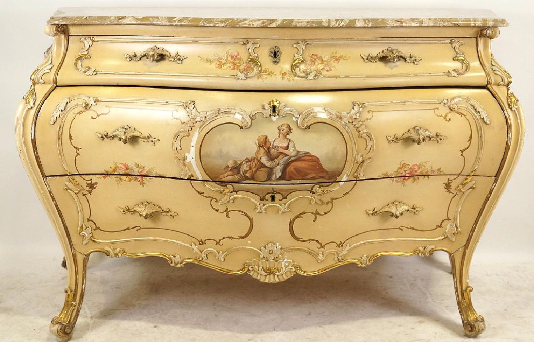 CIRCA 1890 ITALIAN ROCOCO MARBLE TOP BOMBAY CHEST: CIRCA 1890 ITALIAN ROCOCO MARBLE TOP BOMBAY CHEST WITH THREE DRAWERS. IN NEED OF MINOR RESTORATION. Height: 35 in. by Width: 51 in. by Depth: 23 in.