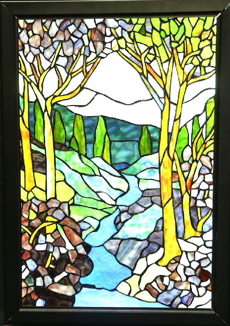 DALE TIFFANY LEADED GLASS LANDSCAPE LIT WINDOW: DALE TIFFANY LEADED GLASS LANDSCAPE WINDOW WIRED FOR BACKLIGHT. Height: 28 & 24 in. by Width: 19 1/2 & 16 in.