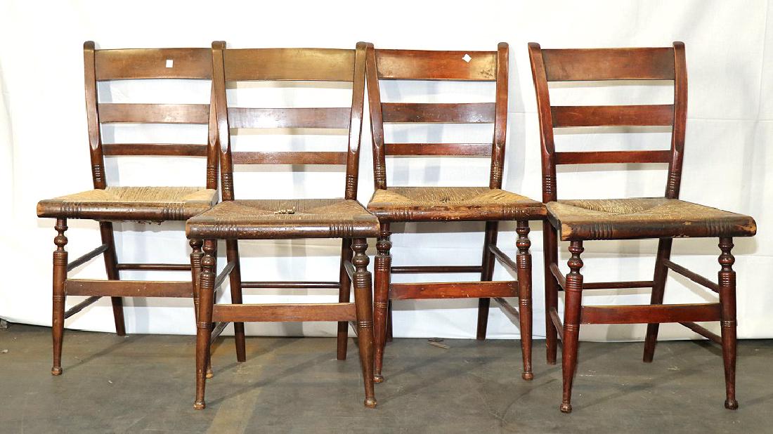 SET OF FOUR COUNTRY SIDE CHAIRS WITH RUSH SEATS: SET OF FOUR COUNTRY FRENCH STYLE SIDE CHAIRS WITH RUSH SEATS. Height: 33 in. by Width: 17 in. by Depth: 15 in.