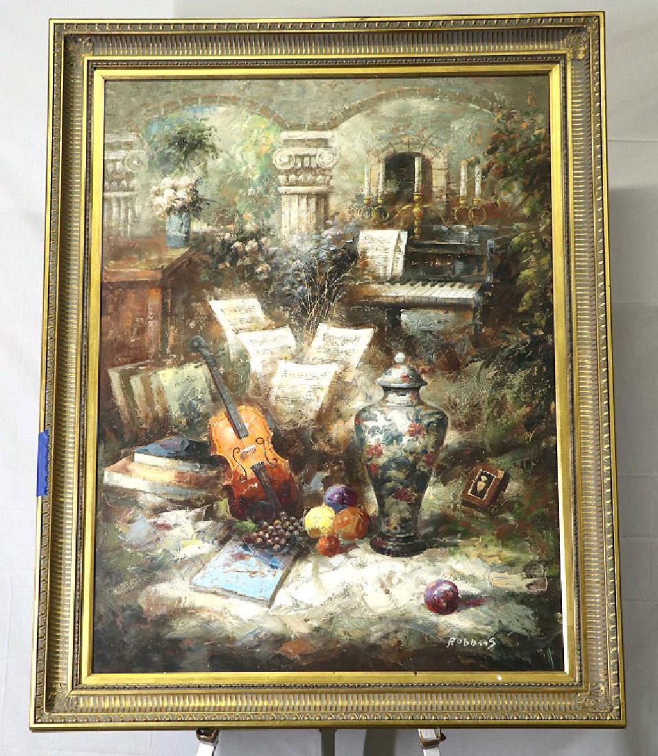 ROBBINS INTERIOR SCENE ACRYLIC ON CANVAS PAINTING: ROBBINS INTERIOR SCENE ACRYLIC ON CANVAS PAINTING. Height: 56 in. by Width: 44 in.