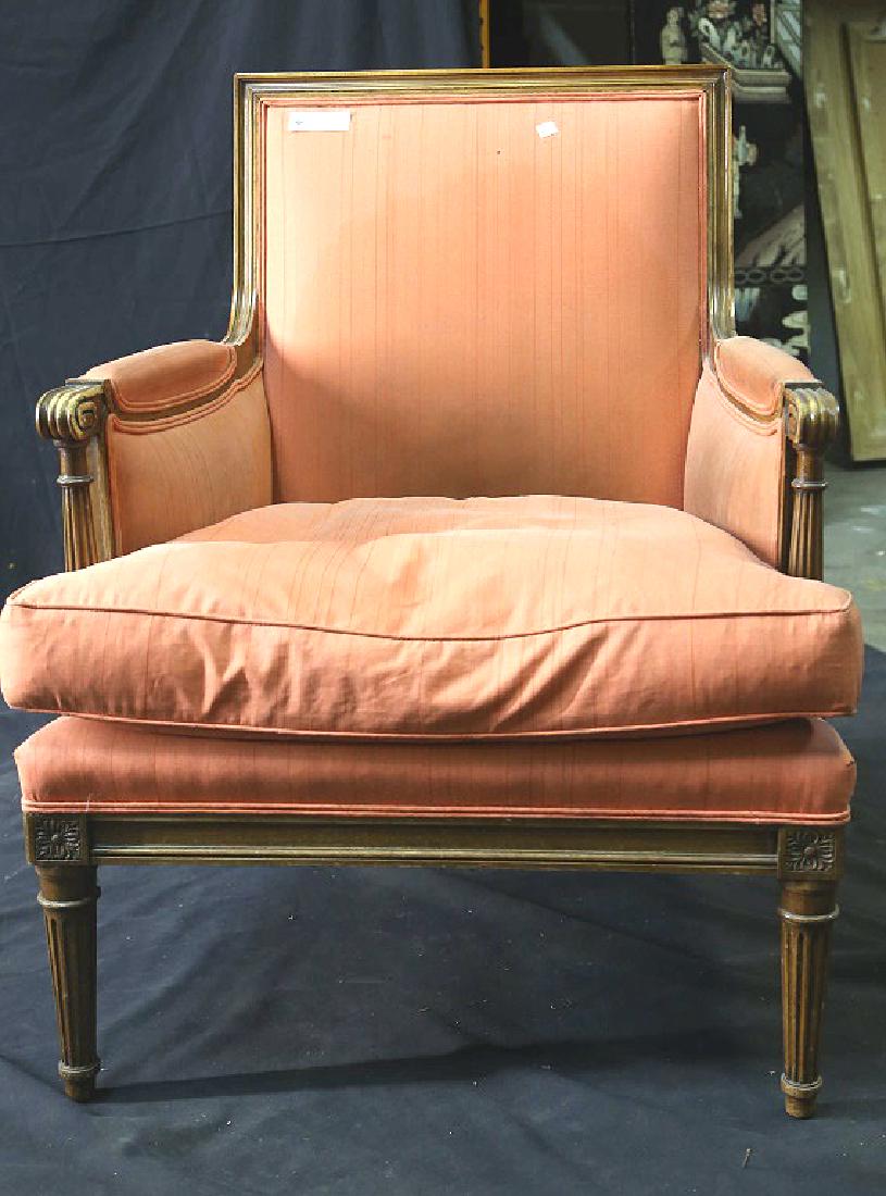 LOUIS XVI BERGER STYLE ARMCHAIR: LOUIS XVI BERGER STYLE ARMCHAIR. SLIGHT NICK SOLD AS IS. Height: 35 in. by Width: 26.5 in. by Depth: 23 in.
