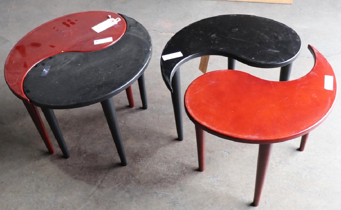 SET OF FOUR YING/YANG SHAPED TABLES: SET OF FOUR YING/YANG SHAPED TABLES. (2 BLK & 2 BRWN) 17"h x 21"w x 21"d.