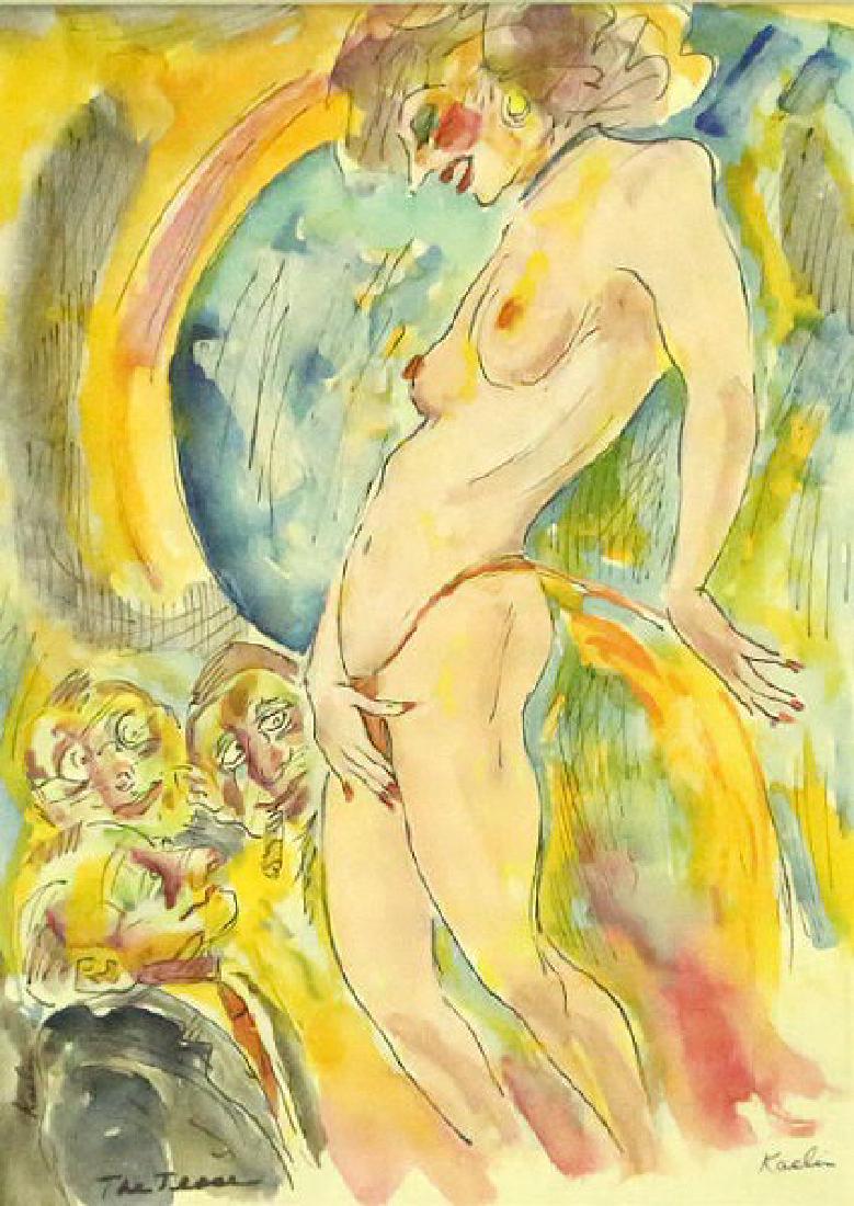 MARTIN KAELIN "THE TEASE, NEW ORLEANS STRIB BAR": MARTIN KAELIN "THE TEASE, NEW ORLEANS STRIP BAR". WATERCOLOR ON PAPER. SIGNED ON THE LOWER LEFT. Height: 18 1/2 & 11 1/2 in. by Width: 15 & 8 in.