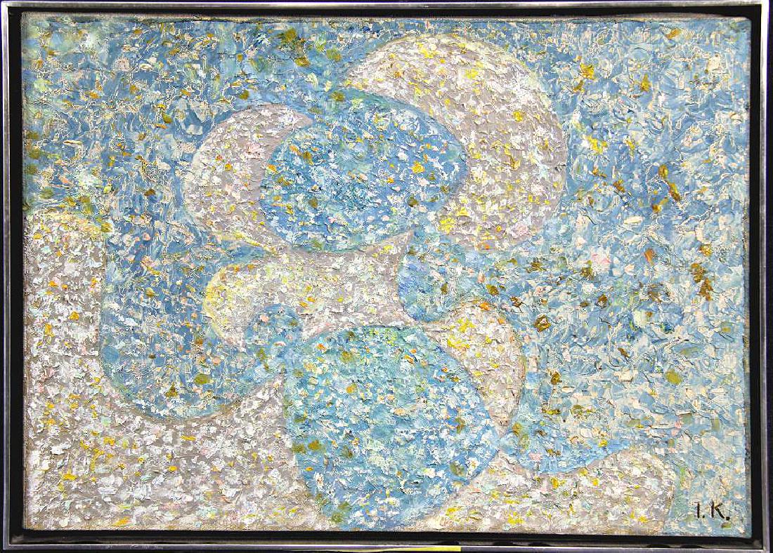 IDA KAPPELER "POINTILLISM WITH FLOWING SHAPES" ACR: IDA KAPPELER "POINTILLISM WITH FLOWING SHAPES" ACRYLIC ON CANVAS. IDA KAPPELER'S (JOHN HANSEGGER'S WIFE) WORK IS A POSITIVE CONTRIBUTION TO THE NEW AMERICAN HISTORY OF ART. Height: 10 1/2 in. by Width