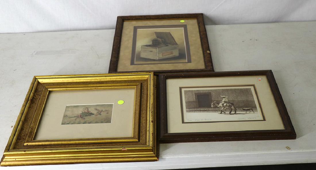 MIXED LOT OF THREE ARTWORKS: MIXED LOT OF THREE ARTWORKS. JERRY WEIRS BAURO ENGRAVING, 17th CENTURY OIL ON PAPER, & A PASTEL ON PAPER PAINTING.