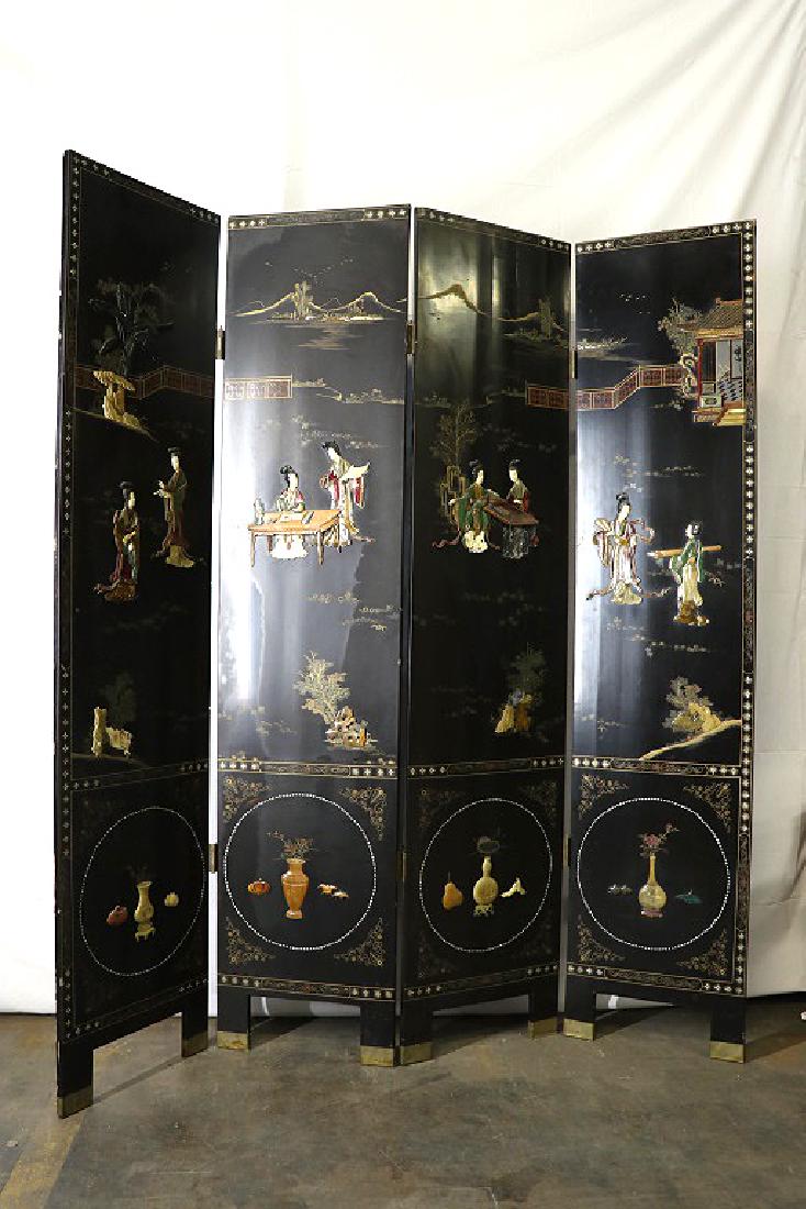 CHINESE FOUR PANEL LACQUERED SCREEN: CHINESE FOUR PANEL LACQUERED SCREEN. Height: 73 in. by Width: 64 in.