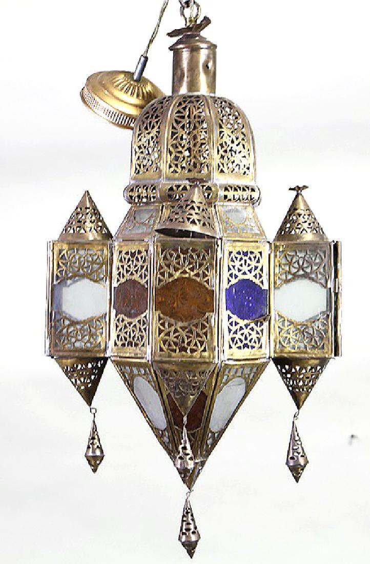 MOORISH STYLE RETICULATED BRASS CHANDELIER: MOORISH STYLE RETICULATED BRASS CHANDELIER. Height: 22 in. by Width: 11 in. by Depth: 11 in.