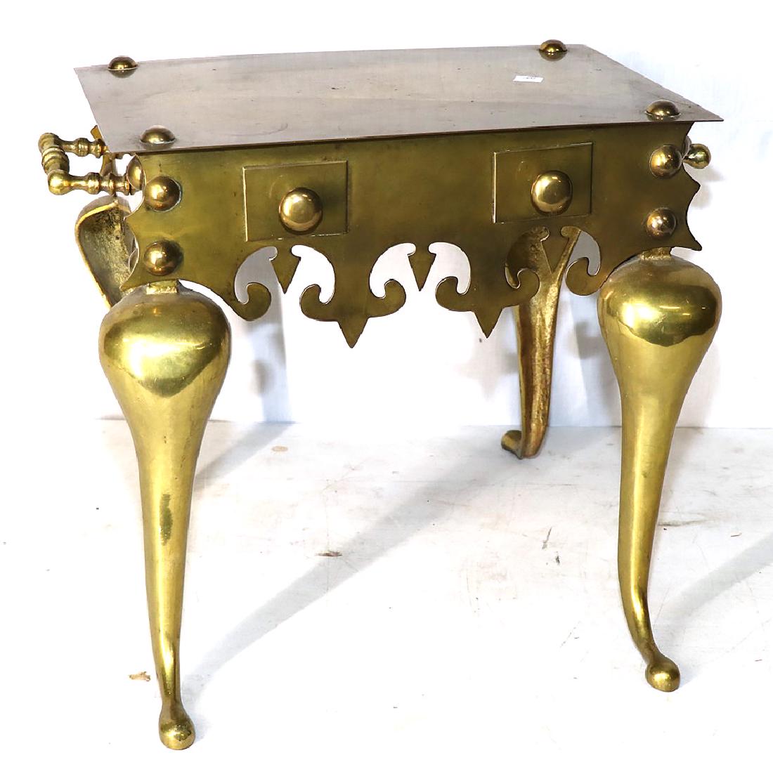 ANTIQUE BRASS FIREPLACE TRIVET: ANTIQUE BRASS FIREPLACE TRIVET. Height: 15 in. by Width: 16 in. by Depth: 11 in.