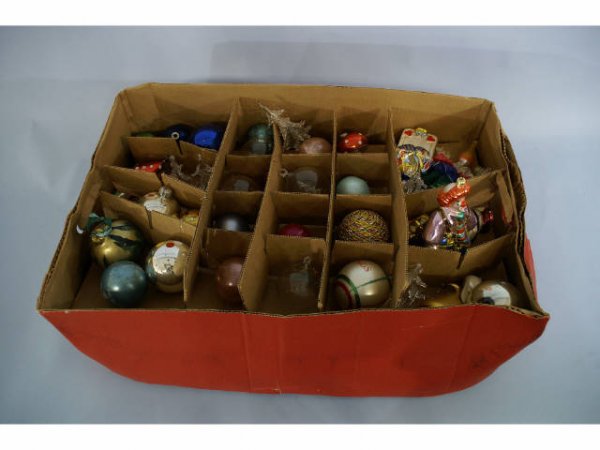 Box of assorted Christmas ornaments.