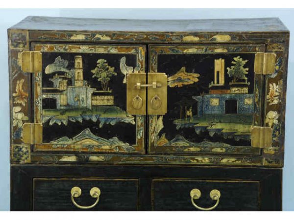 Antique two piece Chinese cabinet; two doors on t - 2