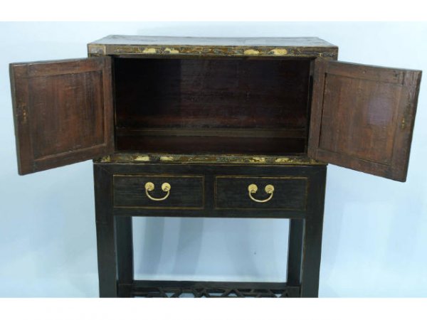 Antique two piece Chinese cabinet; two doors on t - 5