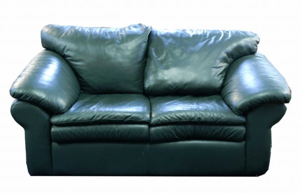 Green leather settee. Size: 68" x 36" x 37."