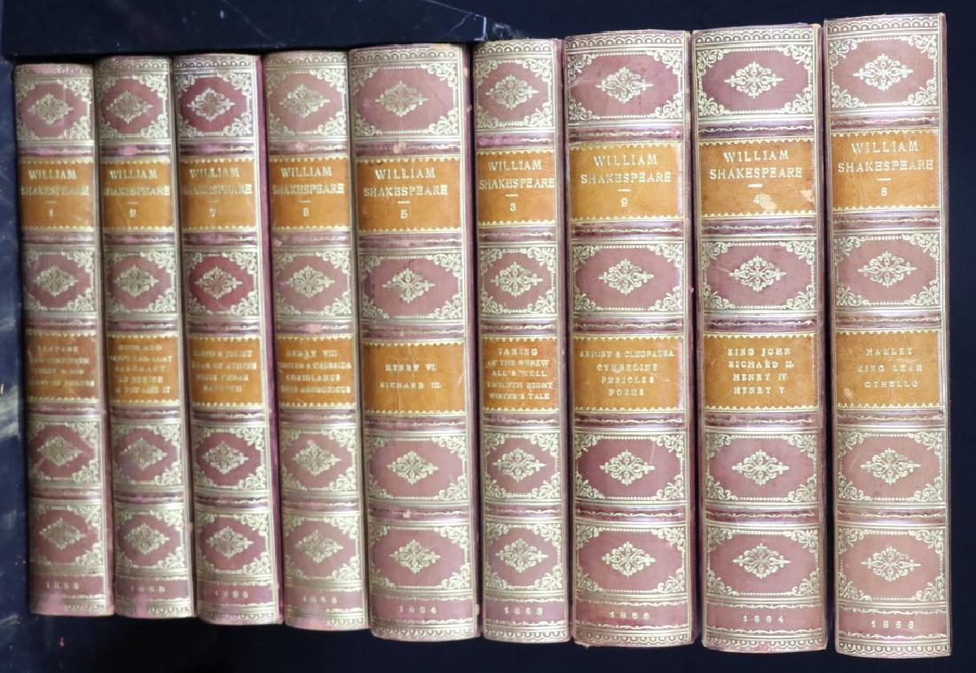9vol WORKS OF WILLIAM SHAKESPEARE 1866: 9vol WORKS OF WILLIAM SHAKESPEARE - PUBLISHED IN LONDON 1866 BY MACMILLAN AND CO. Height: 10 in. by Width: 8 in. by Depth: 1