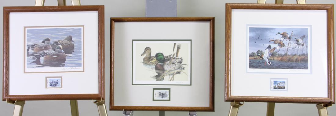 THREE PIECE SET OF DUCK PRINTS: THREE PIECE SET OF DUCK PRINTS. LARRY HAYDEN "MALLARDS" 9613/16500. ROBERT BLAKE "WIDGEON'S" 4117/6090. DAVID MAASS "MALLARDS" 4117/5650. Height: 16 in. by Width: 16 1/2 in. by Depth: 1 1/2 in.