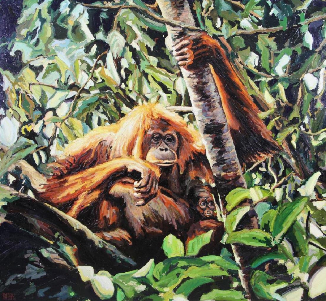 JIM RABBY "MOTHER ORANGUTAN & BABY" OIL ON LINEN: JIM RABBY "MOTHER ORANGUTAN & BABY" OIL ON BELGIAN LINEN. PAINTED FOR THE HOUSTON ZOO. C.O.A. Height: 69 & 58 in. by Width: 73 & 62 in.
