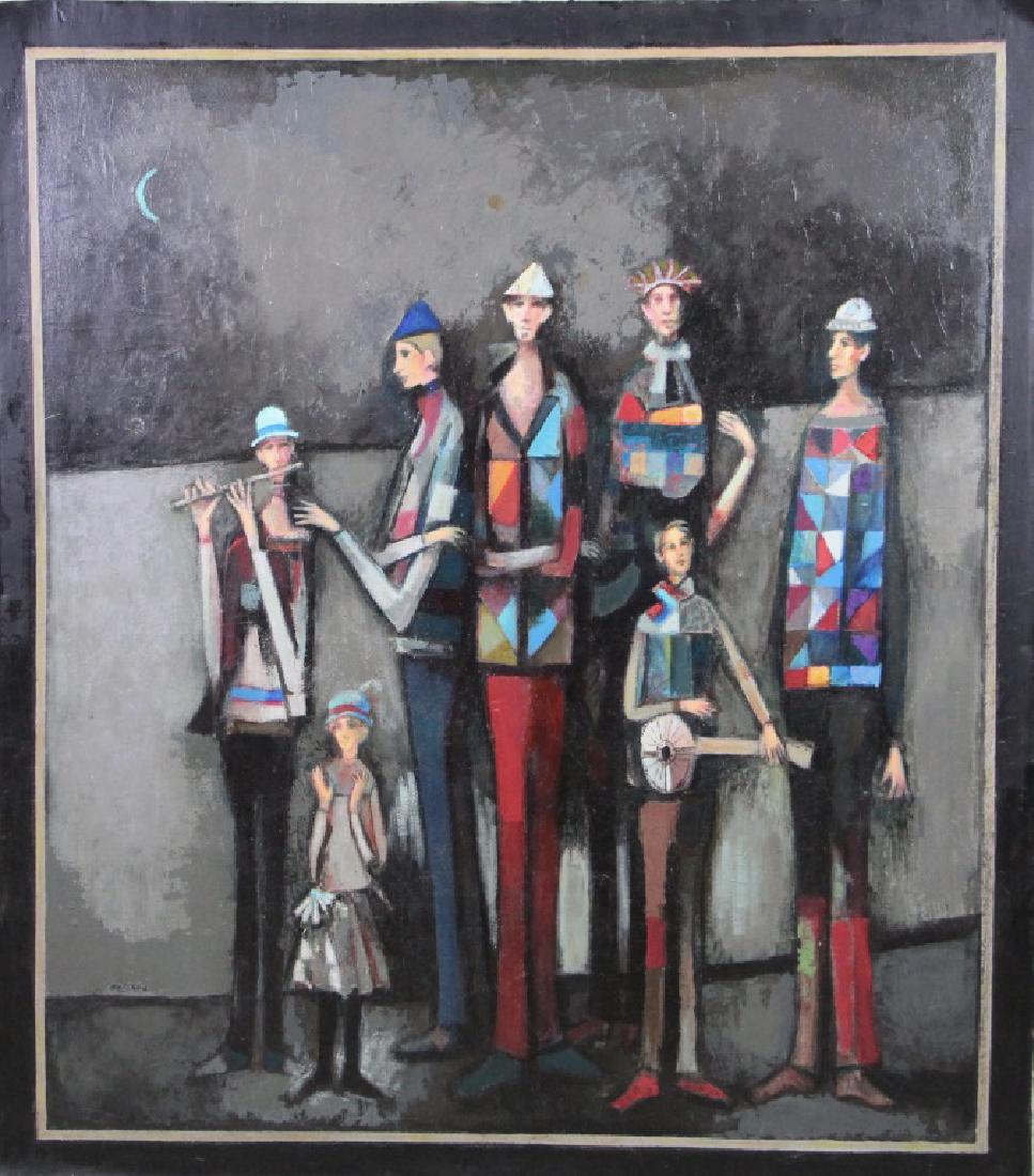 DAVID ADICKES "MUSICIANS" ACRYLIC ON TAPIS: DAVID ADICKES "MUSICIANS" ACRYLIC ON TAPIS. Height: 69 in. by Width: 60 1/2 in.