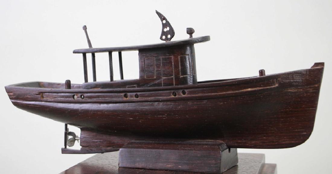 WOODEN SHIP MODEL: WOODEN SHIP MODEL. Height: 6 1/2 in. by Width: 13 in. by Depth: 2 in.
